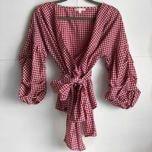 Women’s Red and white Checkered tie blouse